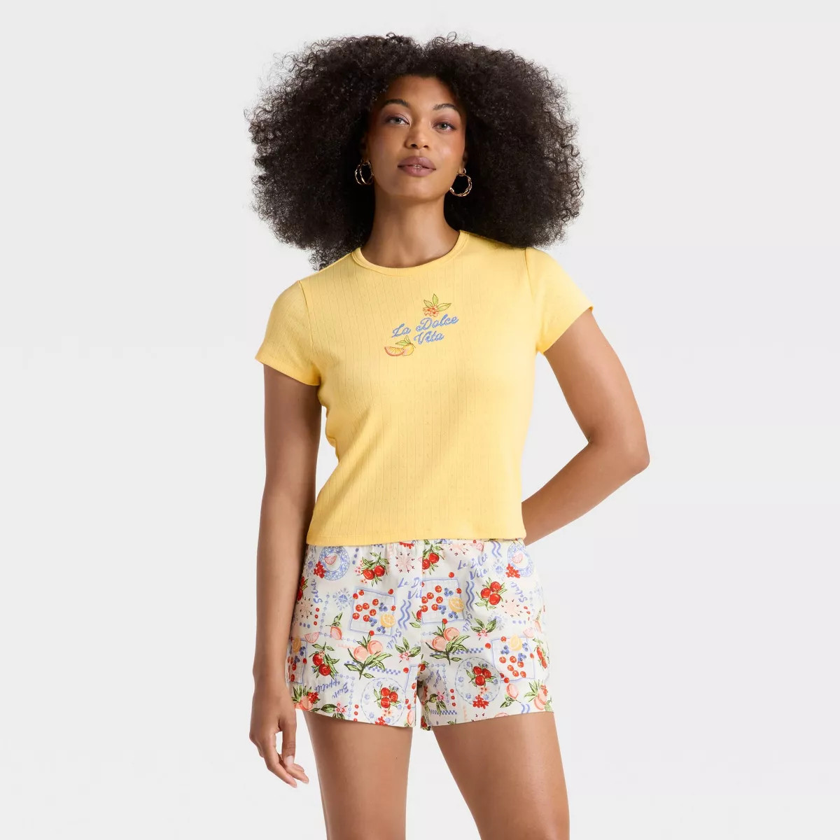 Women's "La Dolce Vita" Pointelle Short Sleeve Graphic Baby T-Shirt - Light Yellow | Target