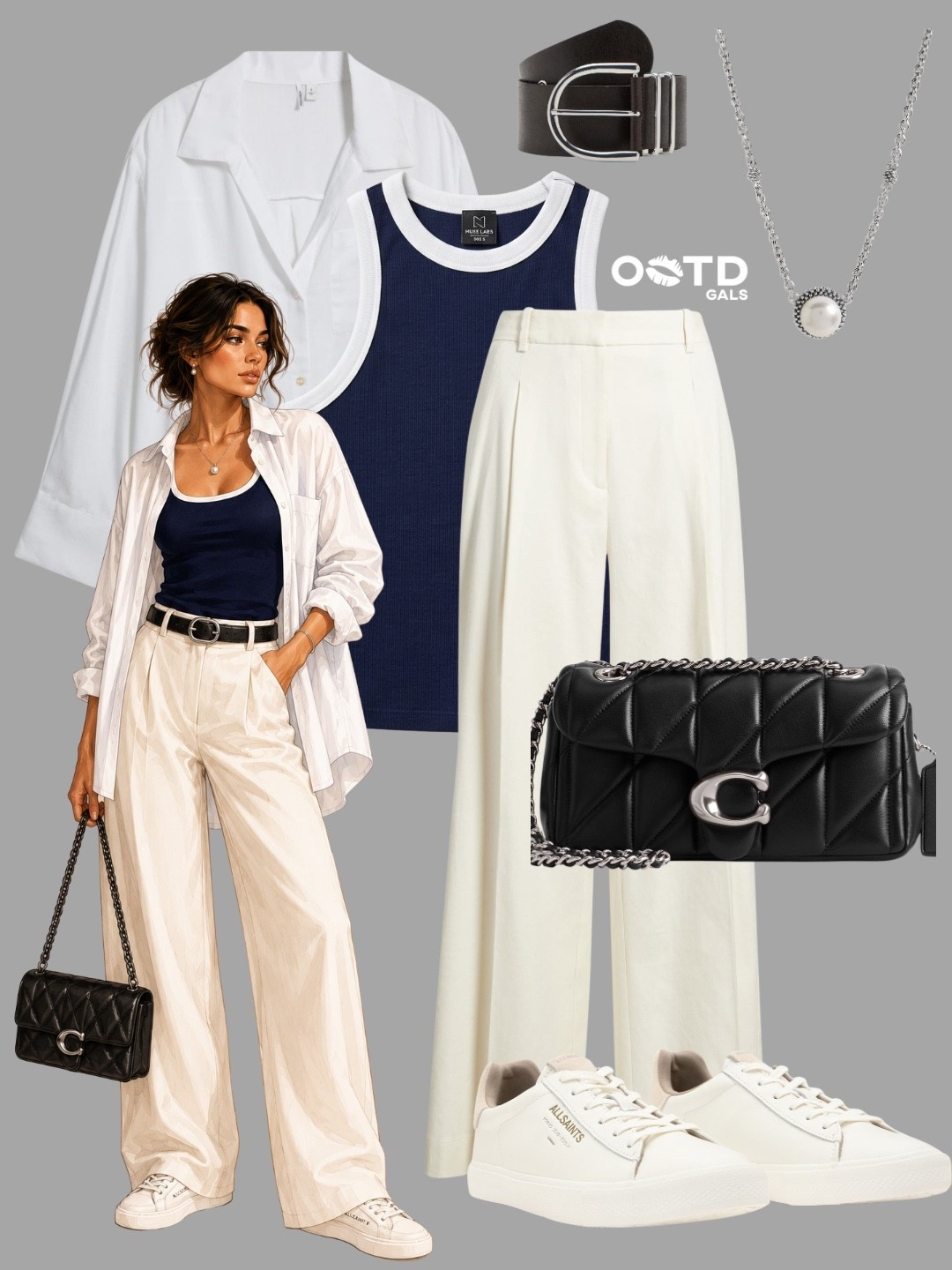 Classic navy, crisp white, and polished black accents come together for a timeless everyday look 🤍🖤💙

This outfit balances relaxed tailoring with refined details. The navy contrast-trim tank creates a chic focal point, while the oversized white shirt adds effortless layering and versatility. Wide-leg ivory trousers keep the silhouette elegant and elongated, and the black accessories provide just the right amount of structure and contrast.

✨ Style Details:
• White oversized button-down shirt worn open
• Navy contrast-trim ribbed tank top
• Ivory wide-leg tailored trousers
• Black leather belt with silver hardware
• Quilted black chain-strap shoulder bag
• Delicate pearl pendant necklace
• Clean white low-top sneakers

The combination of navy, ivory, and black feels sophisticated yet approachable, making this an ideal outfit for days when comfort and style are equally important. The relaxed fit keeps it easy to wear, while the tailored pieces ensure a polished finish.

Perfect for casual office days, travel, coffee dates, museum visits, weekend brunches, city exploring, shopping trips, or everyday elevated casual wear.

#ClassicStyle #EffortlessChic #EverydayElegance

#LTKstyletip #LTKshoes #LTKworkwear