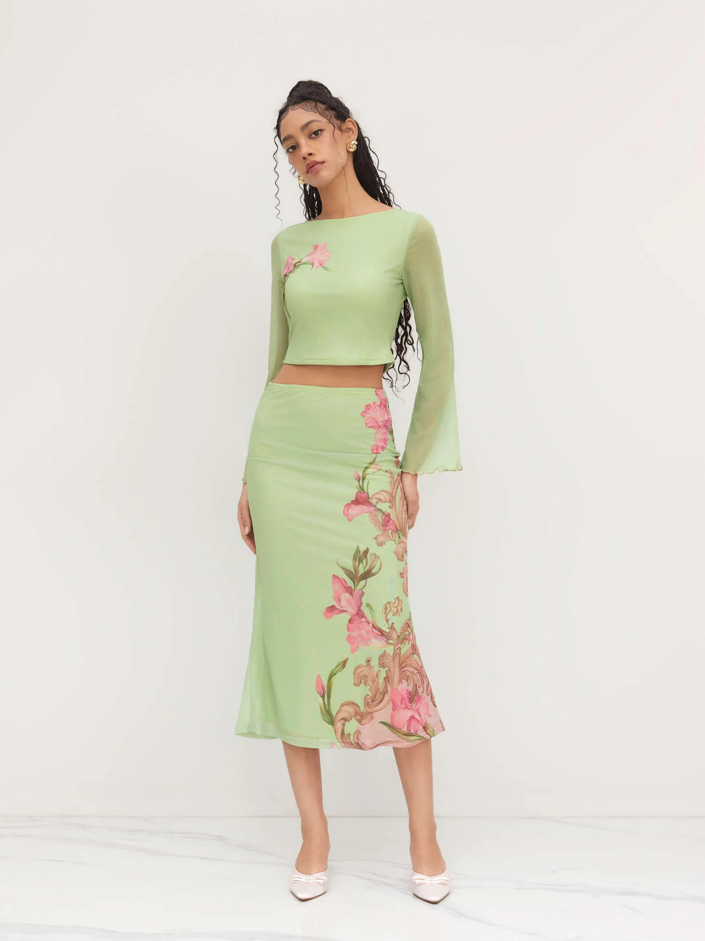 Mesh Floral Lettuce Trim Crop Top & Mid Rise Ruffle Maxi Skirt Set... | Cider