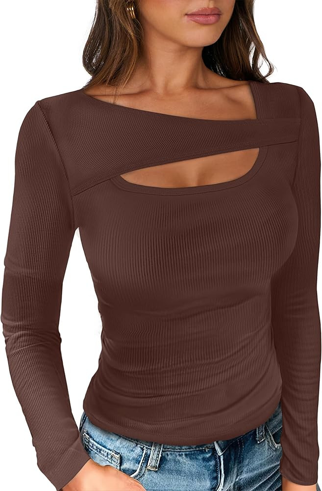 ANRABESS Womens Cutout Tops Trendy Sexy Long Sleeve Shirts Ribbed Slim Fit Tee 2025 Fall Fashion ... | Amazon (US)