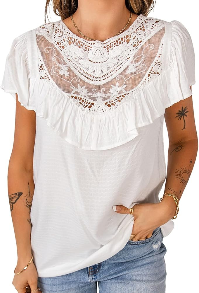 Utyful Cap Sleeve Tops for Women Summer Ruffle Short Sleeve Round Neck Blouse Shirts | Amazon (US)