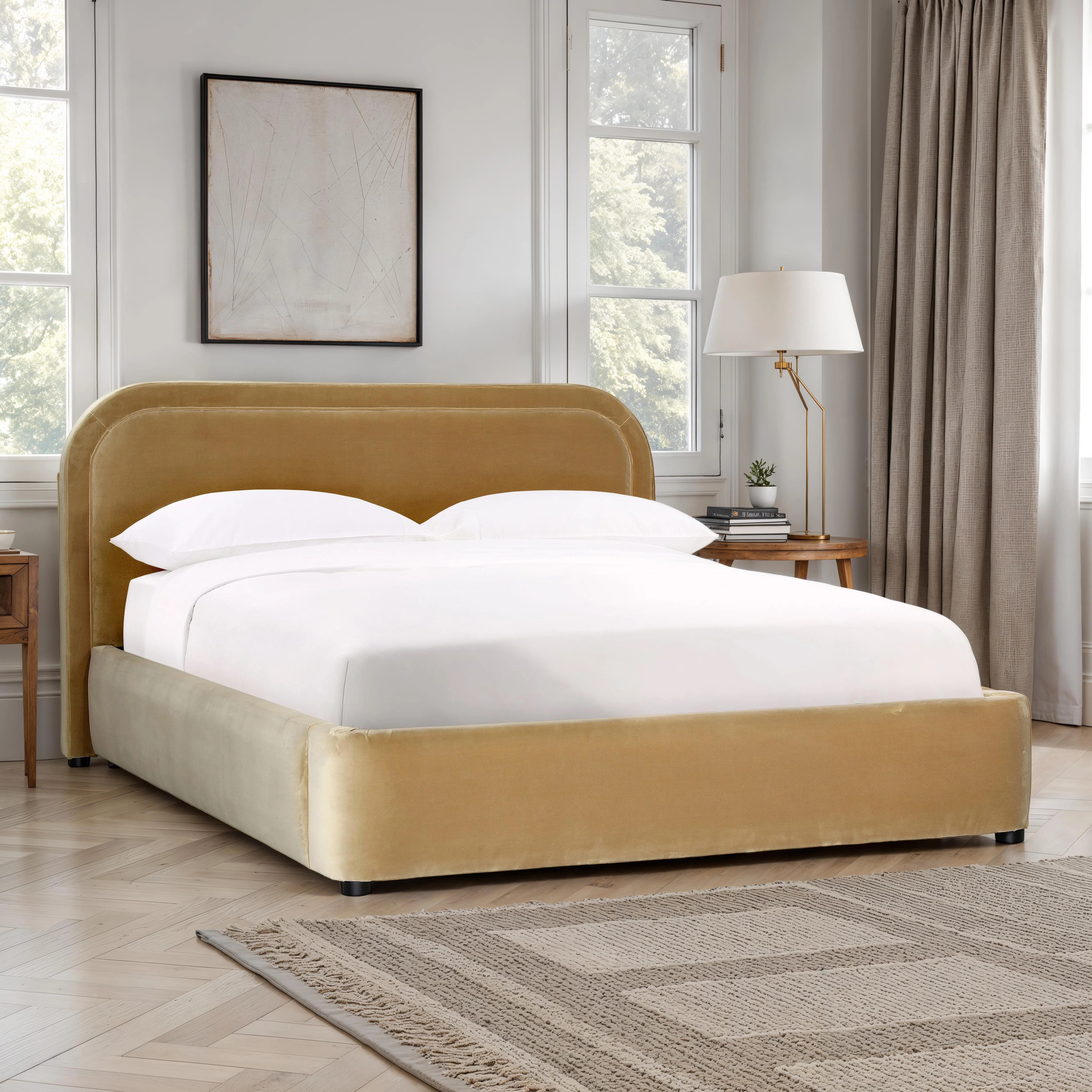 Agi Polyester Velvet Bed, Camel, Queen | Perigold
