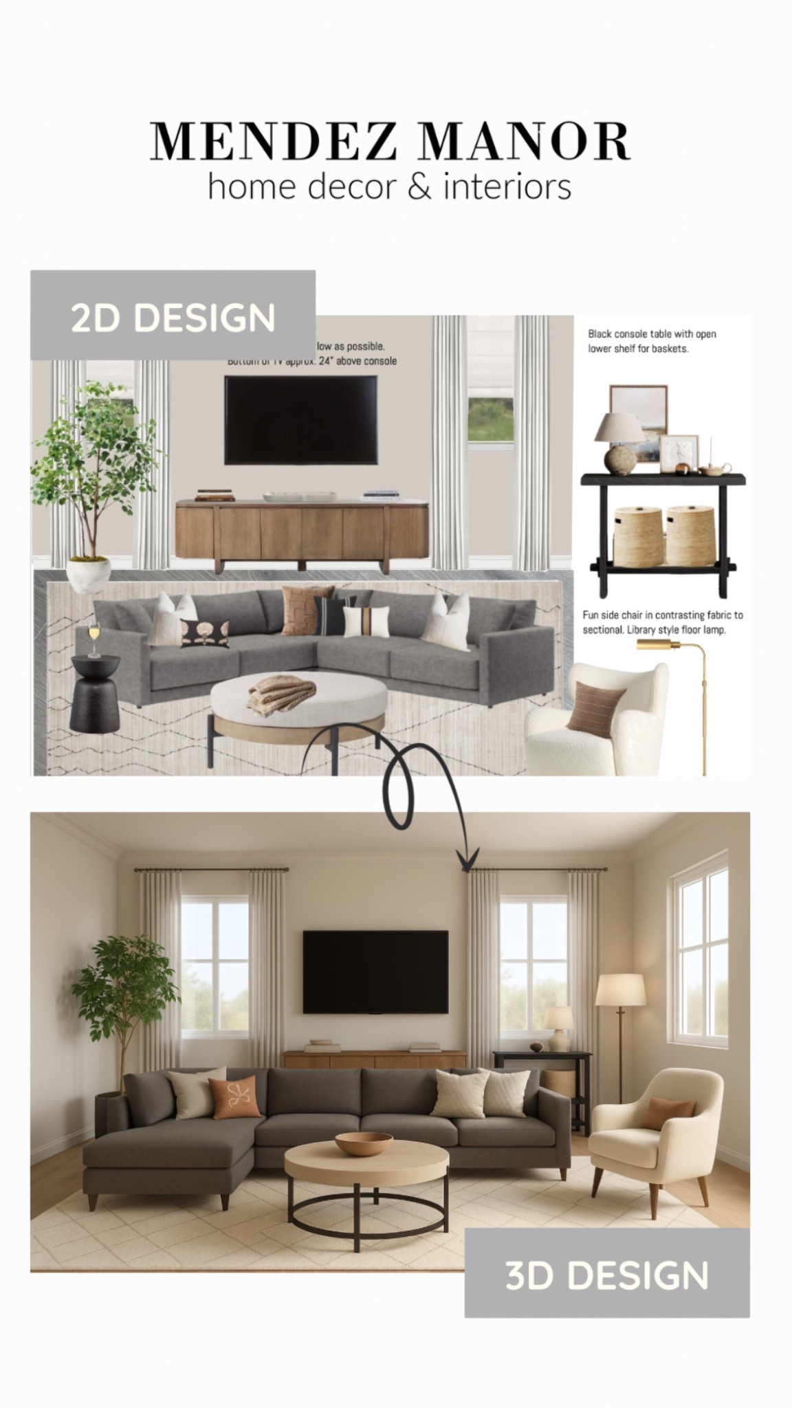 Living room design with deep sectional, round ottoman coffee table, small console table, and large media cabinet that fits between two windows. 

The large 9 x 12 area rug brings everything together! 

Curtains are from Two Pages. Use discount code: MENDEZMANOR for 20% off your order! 