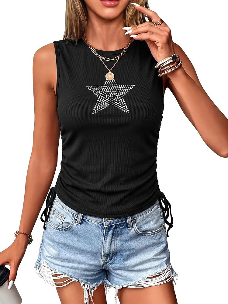 Women's Sleeveless Tank Tops Rhinestone Crop Tank Top Drawstring Side Shirts Summer Y2K Going Out... | Amazon (US)