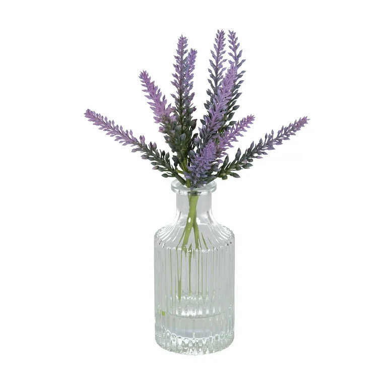 Mainstays 10.5" Artificial Lavender Flower Stems in Ribbed Glass Vase | Walmart (US)