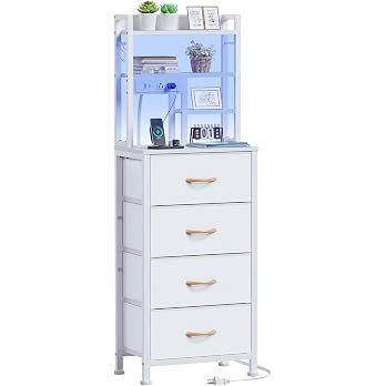 Tall Night Stand, 52.1 Inch LED Nightstand with Charging Station and USB Ports, 4 PVC Fabric Draw... | Amazon (US)