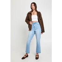 boohoo Women's The High Waist Cropped Flare Jean in Mid Blue | Size: 16 | Boohoo.com (UK & IE)