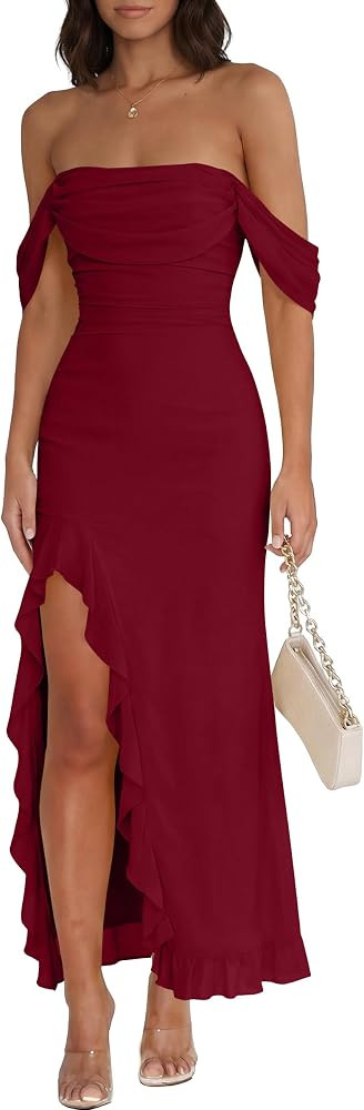Caracilia Womens Summer Off The Shoulder Formal Bodycon Maxi Dresses High Slit Ruffle Hem Mesh We... | Amazon (US)