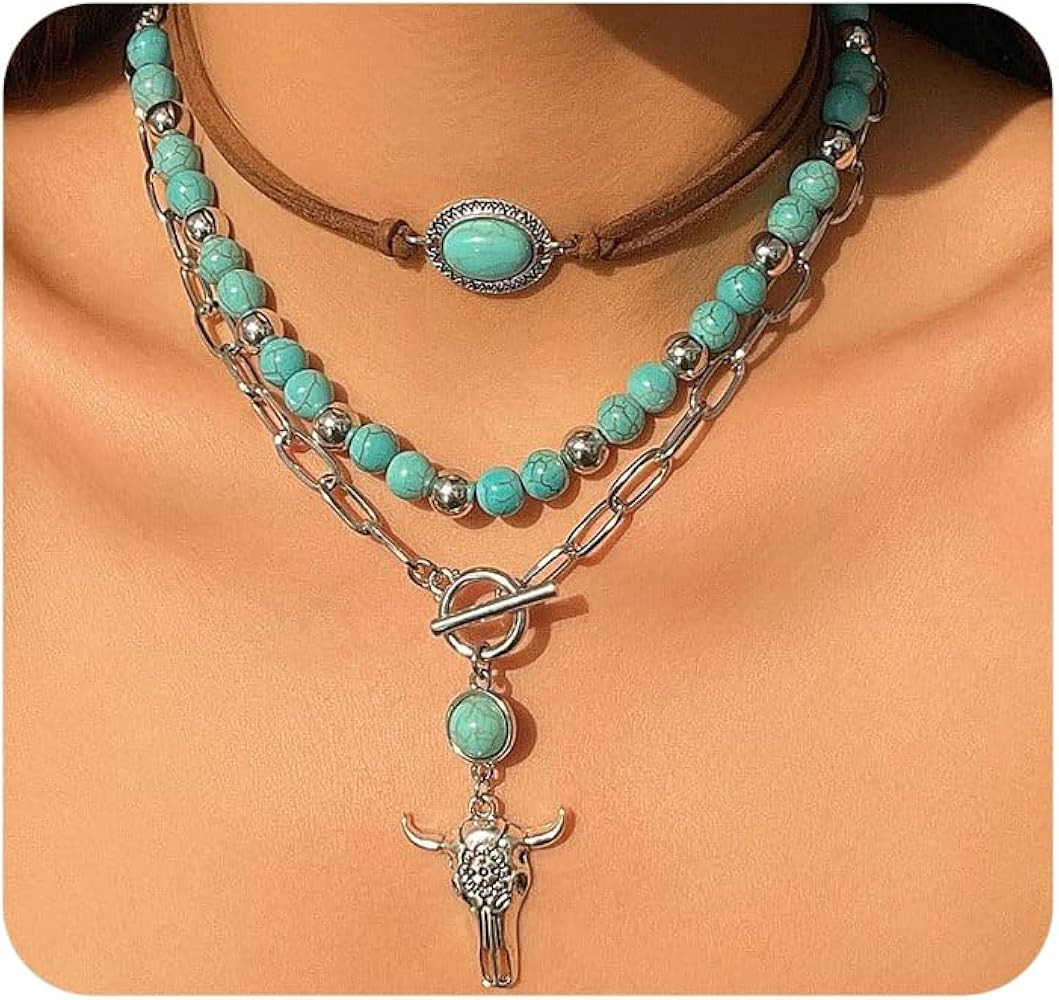 GIGB PBDK Western Turquoise Beaded Layered Necklaces Choker Necklace Set for Women Cowgirl | Amazon (US)