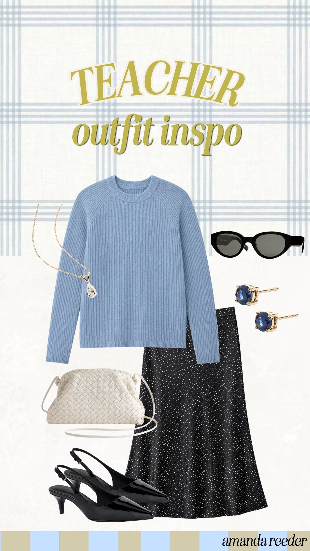 Quince teacher outfit inspo for those days when you want to feel cute and comfortable! I love the soft blue sweater paired with the printed midi skirt, black slingback heels, and simple accessories. This whole look is from Quince and would be perfect for the classroom or a day at school.

#LTKSeasonal #LTKMidsize #LTKootd