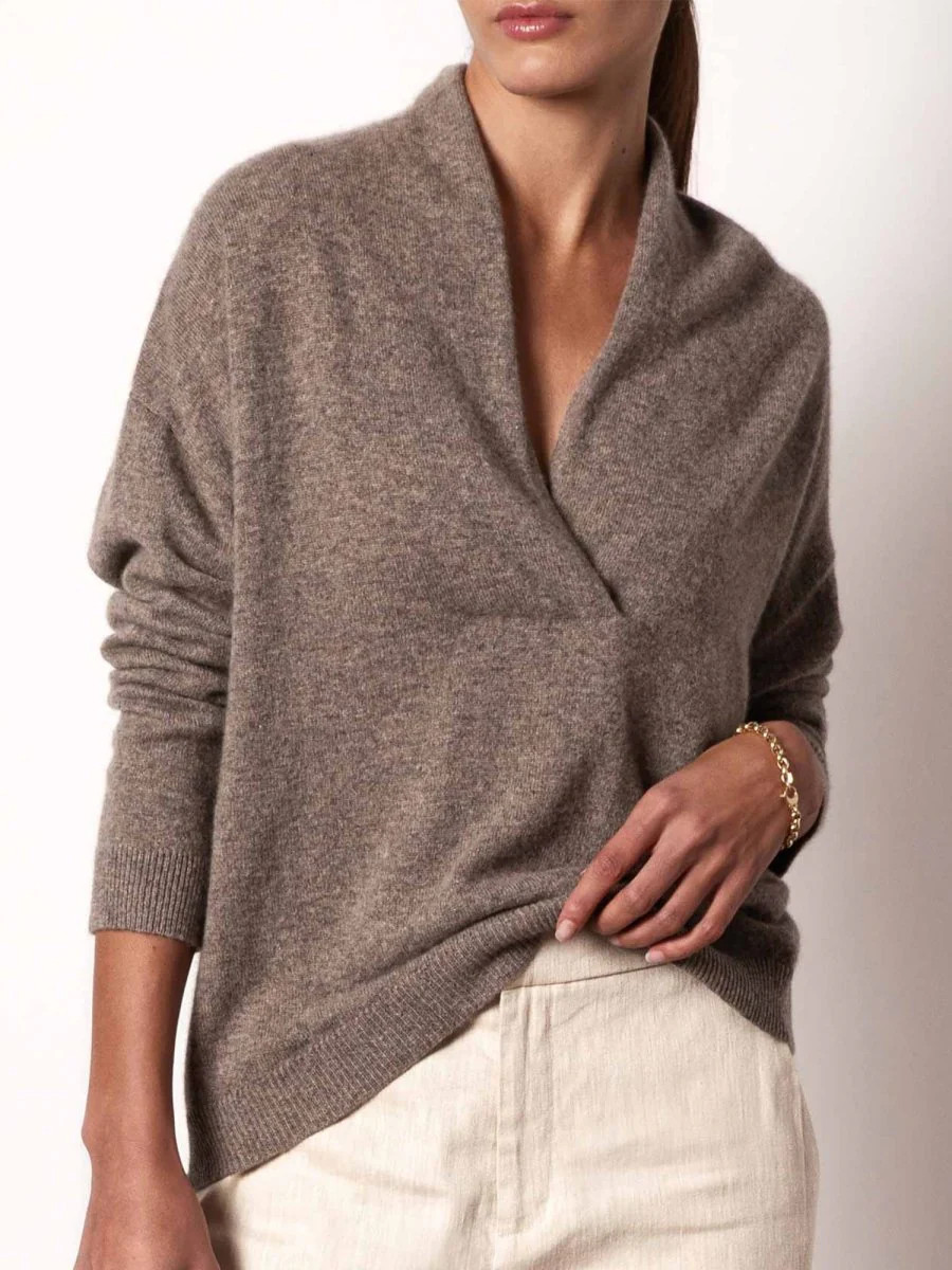 Women's Siena Wrap Neck Cashmere Pullover in Otter Mélange | Brochu Walker | Brochu Walker