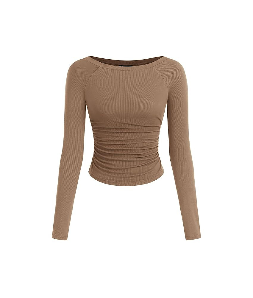 PRETTYGARDEN Long Sleeve Shirts for Women 2025 Fall Ruched Sides Boat Neck Basic Tee Casual Fitte... | Amazon (US)