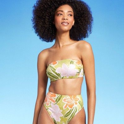 Women's Ribbed Hidden Underwire Bandeau Bikini Top - Shade & Shore™ Lime Green Floral Print 32A | Target