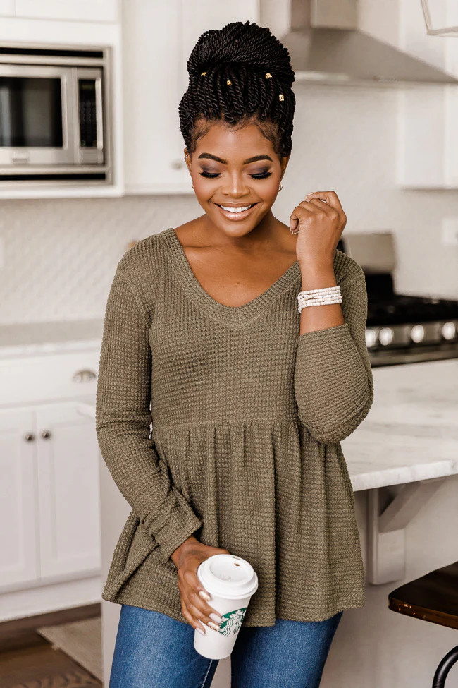 Chance To Shine Olive Peplum Waffle Knit Blouse FINAL SALE | The Pink Lily Boutique