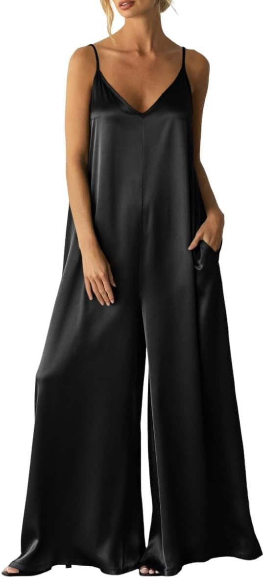 Womens Satin Wide Leg Jumpsuits Dressy Flowy Date Night Rompers Outfits | Amazon (US)