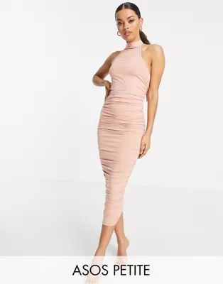 ASOS DESIGN Petite ruched racer front neck midi dress in blush | ASOS (Global)