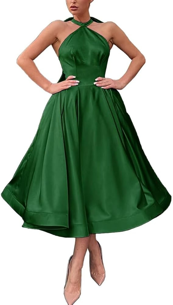 Halter Homecoming Dresses 2024 Short Sleeveless Satin Ruched A-Line Tea Length Prom Formal Gown w... | Amazon (US)