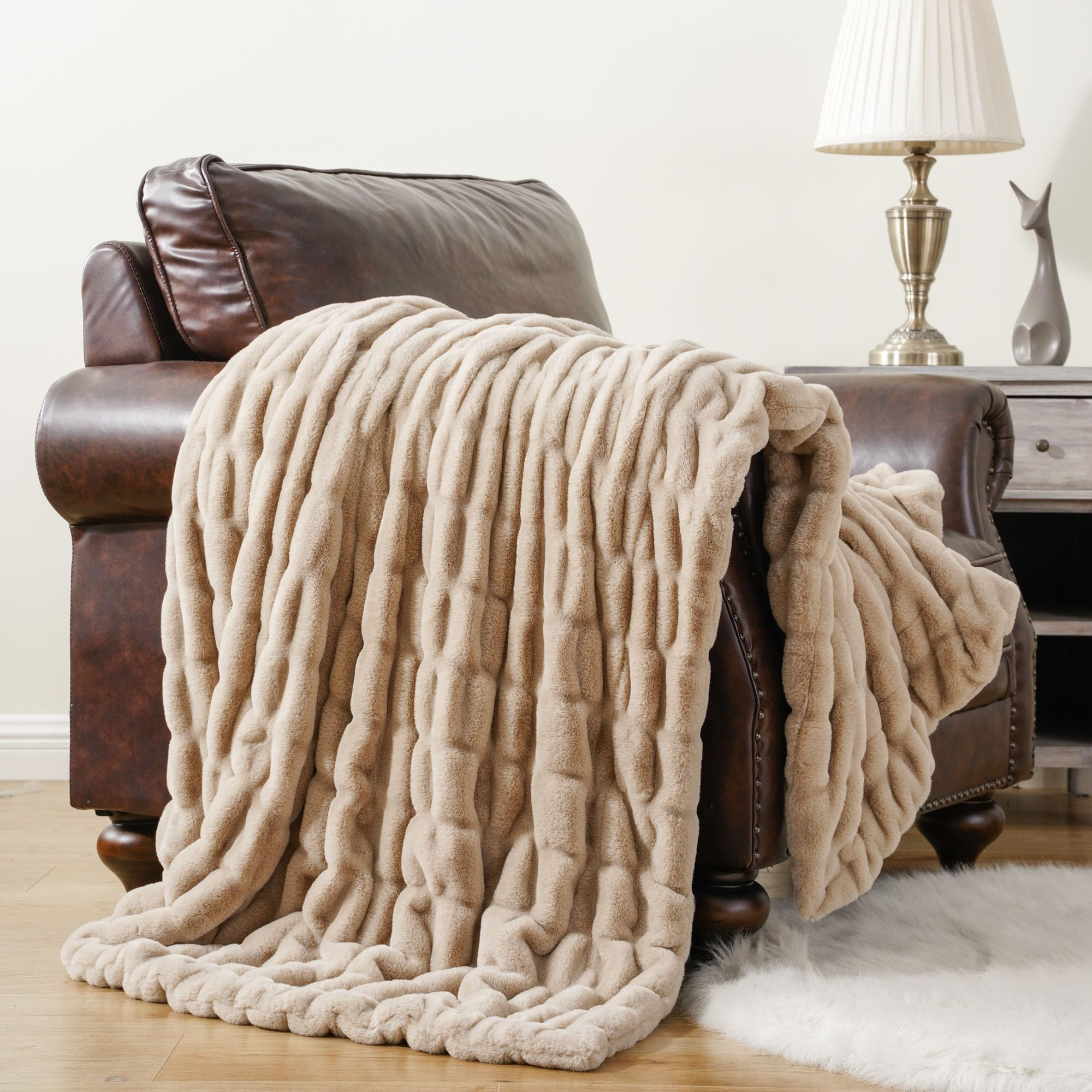 BATTILO HOME Beige Faux Fur Throw Blanket for Bed, Large Double Side Reversible Ruched Rabbit Fur... | Amazon (US)