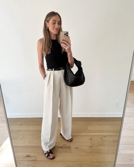 Fashion Jackson casual summer outfit, black tank (small), beige trousers (small), black Hermes sandals, black bottega handbag #fashionjackson #trousers #sandals #hermes #bottega  

#LTKunder100 #LTKstyletip #LTKshoecrush