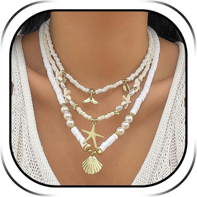 Starfish Necklace for Women Summer Beach Essentials Dresses Boho Necklace Gold Shell Charm Neckla... | Amazon (UK)