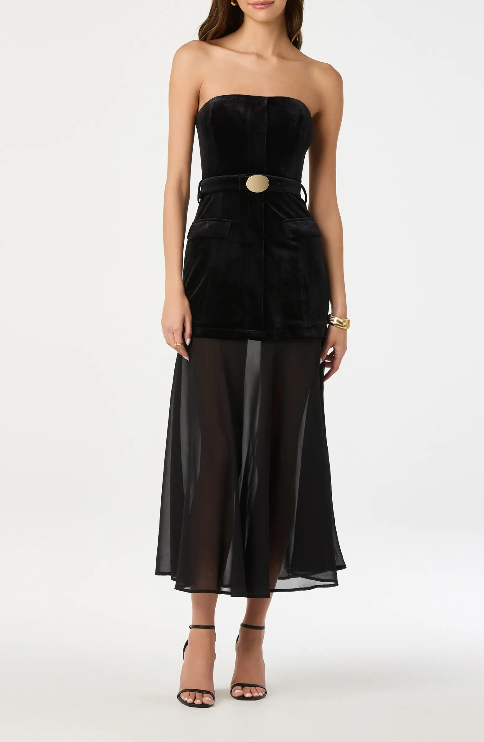 Strapless Belted Semisheer Velvet Midi Dress | Nordstrom