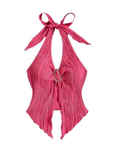 Milumia Women's Going Out Halter Top Y2k Slit Hem Backless Crop Tank Tops Rave Club Hot Pink Large | Amazon (US)