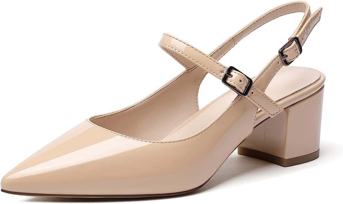 Eldof Women's Slingback Heels Pointed Toe Block Heel Pumps Comfort Ankle Strap Chunky Low Heeled ... | Amazon (US)