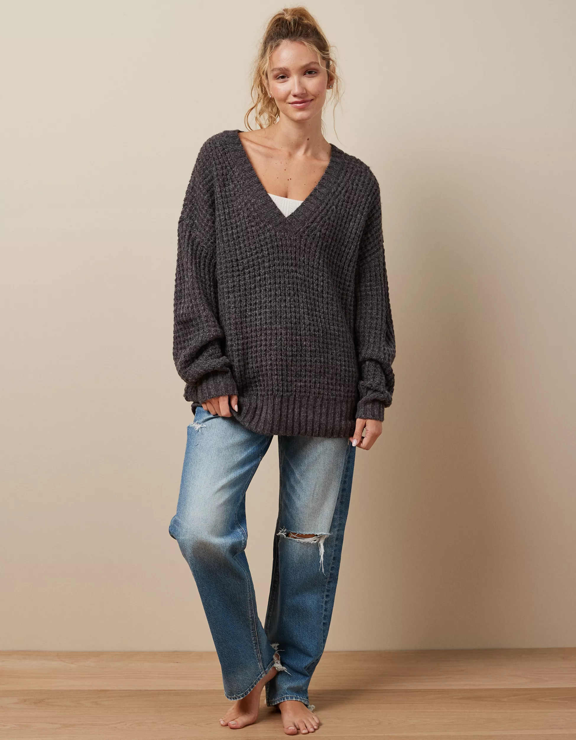 AE Whoa So Cozy Waffle V-Neck Sweater | American Eagle Outfitters (US & CA)