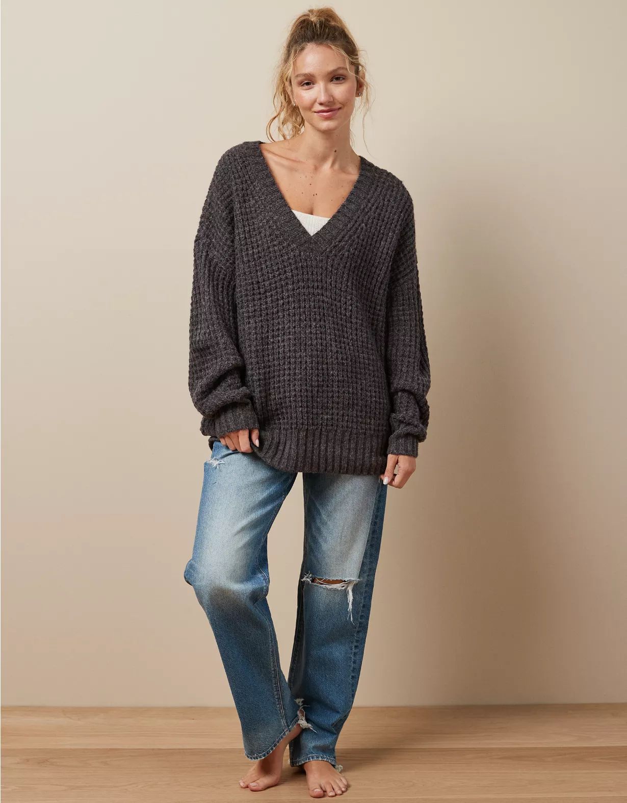 AE Whoa So Cozy Waffle V-Neck Sweater | American Eagle Outfitters (US & CA)