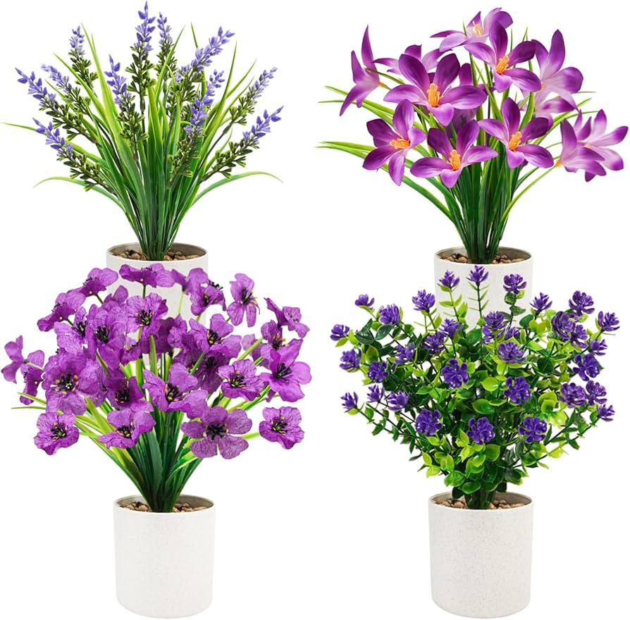 4 Pack Artificial Flowers in Pots, Mini Fake Potted Plants Small Faux Flowers for Indoor Decor, P... | Amazon (US)