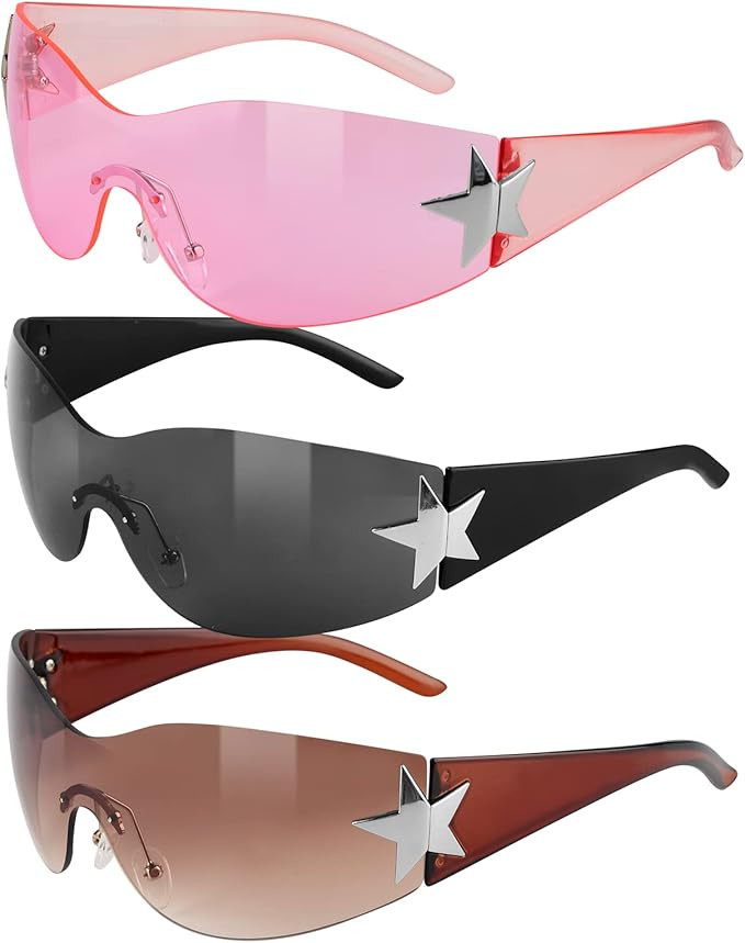 DASHUAIGE 3 PCS Rimless Y2K Sunglasses, Wrap Around Sunglasses Punk Single Piece Sunglasses New Y... | Amazon (UK)