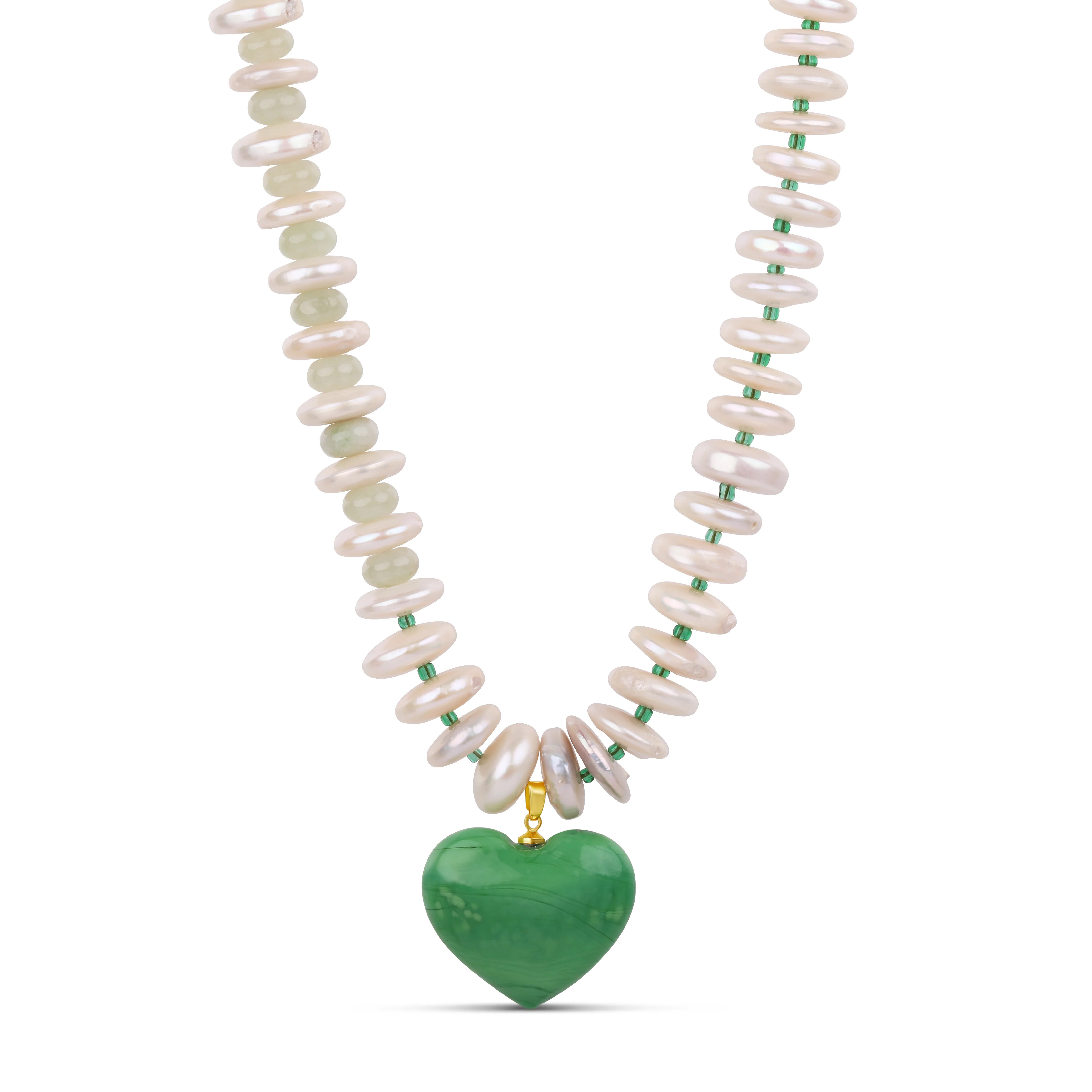 Green Heart Pendant Necklace - Fresh Water Pearl & Murano Glass Necklace | Hannah B Jewelry