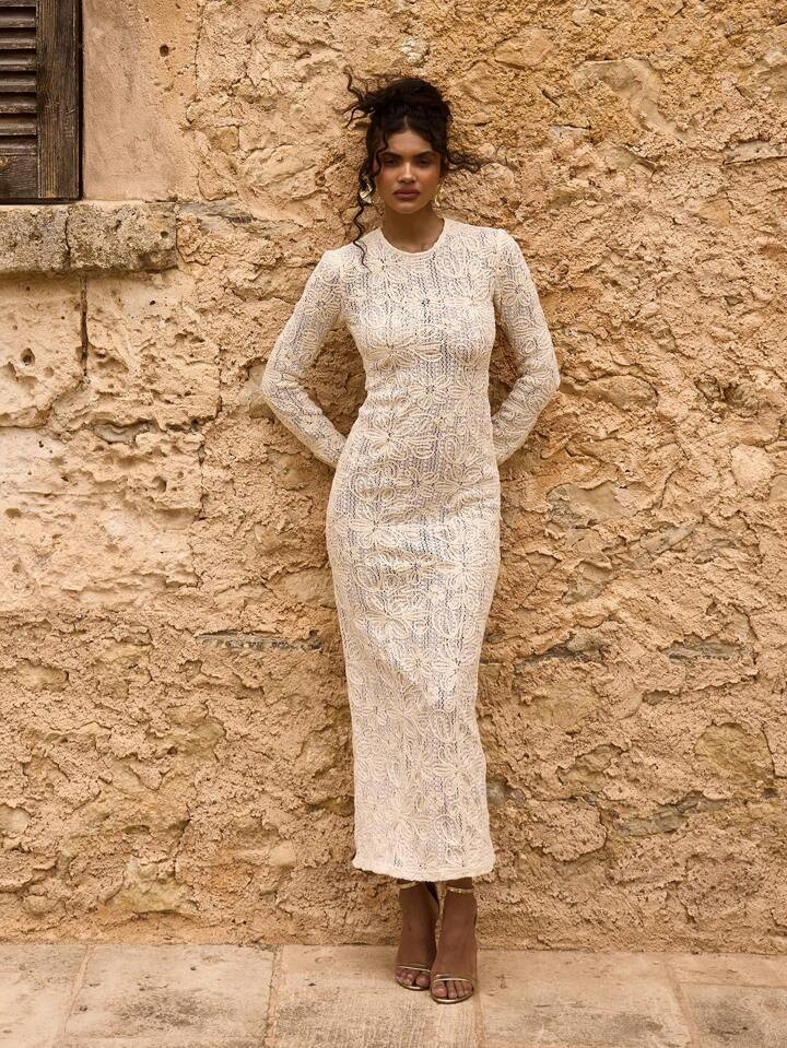 MUSERA Textured Floral Long Sleeve Maxi Dress | SHEIN