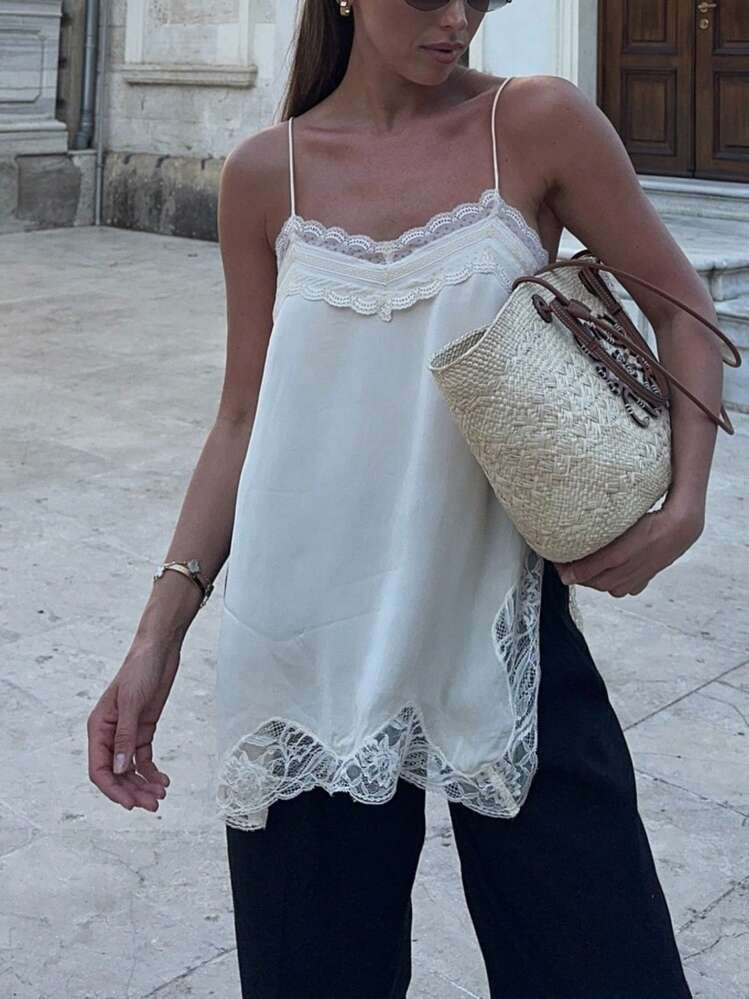 Women's Y2K Lace Camisole Lightweight Cute Lace Trim Tops Sleeveless Square See Through Tank Tops Sheer Spaghetti Strap Sling Layered Cami Tops Elegant Lace Tee Shirt Vintage Party Going Out Clothes For SummerLace Patchwork Blouse | SHEIN