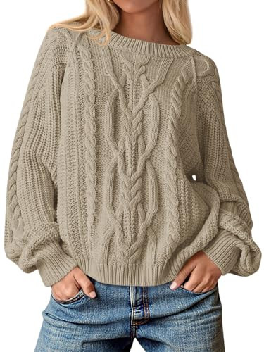 Cicy Bell Womens Oversized Cable Knit Sweaters Crew Neck Long Sleeve Fall Chunky Pullover Casual Loose Fit Sweater Tops Khaki | Amazon (US)