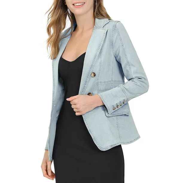 Unique Bargains Women's Lapel Jeans Blazer Long Sleeve Denim Jacket w Pockets | Walmart (US)