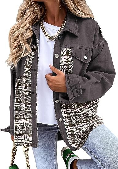 SHEWIN Women's Oversized Denim Jacket Casual Long Sleeve Button Down Plaid Shacket Boyfriend Jean... | Amazon (US)