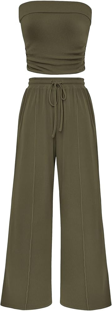 PRETTYGARDEN Womens Summer Outfits 2 Piece Sets Casual Ribbed Knit Crop Tube Top Wide Leg Pants S... | Amazon (US)