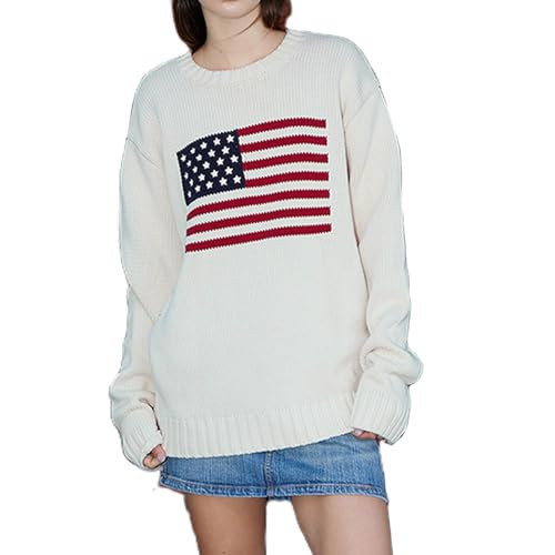 Women's American Flag Sweater Casual Loose Long Sleeve Knit Pullover 4th of July Jumper Top | Amazon (US)