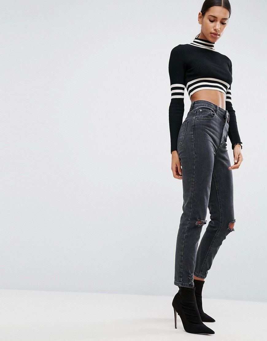 ASOS Farleigh High Waist Slim Mom Jeans In Washed Black with Busted Knees - Washed black | ASOS UK