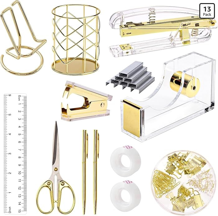 suniya Office Supplies,Gold Desk Accessories,with Stapler,Tape Dispenser,Pen Holder,Scissors,Phon... | Amazon (US)
