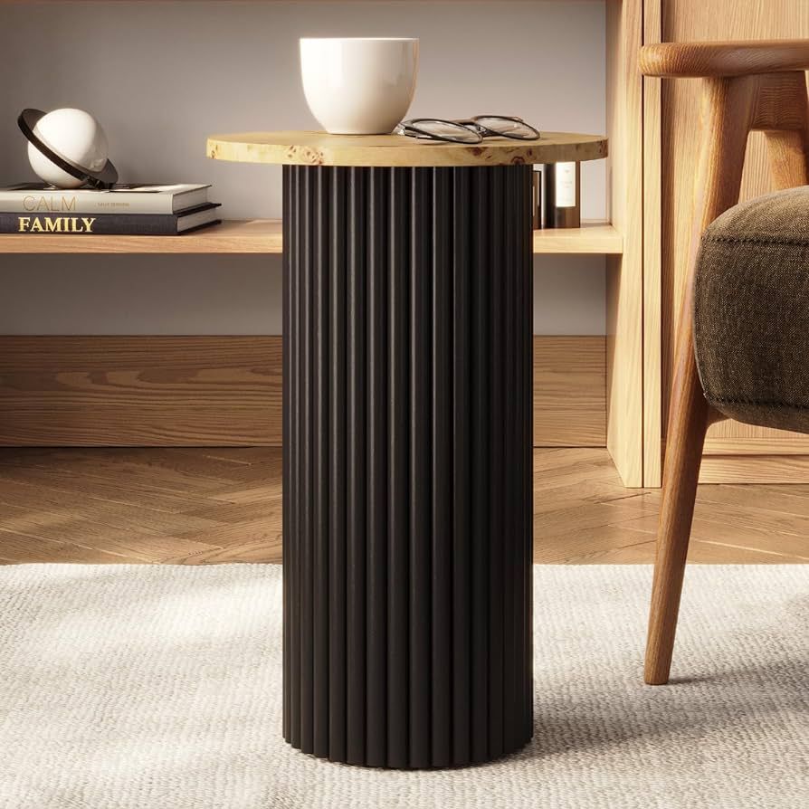 Round Fluted Accent Side Table - Drink Table - Living Room Furniture - Modern Home and Bedroom Decor - Pedestal Side Table with a Solid Oak Base (Two-Tone Burl Wood Veneer with Black Base) | Amazon (US)