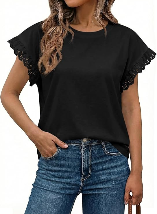 Tankaneo Womens Summer Crewneck T-Shirts Lace Cap Sleeve Tops Dressy Casual Loose Fit Work Basic ... | Amazon (US)