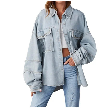 XFLWAM Ripped Fringe Jean Jacket for Women Distressed Washed Button Down Frayed Casual Denim Loose Fit Shacket with Pocket Blue L | Walmart (US)