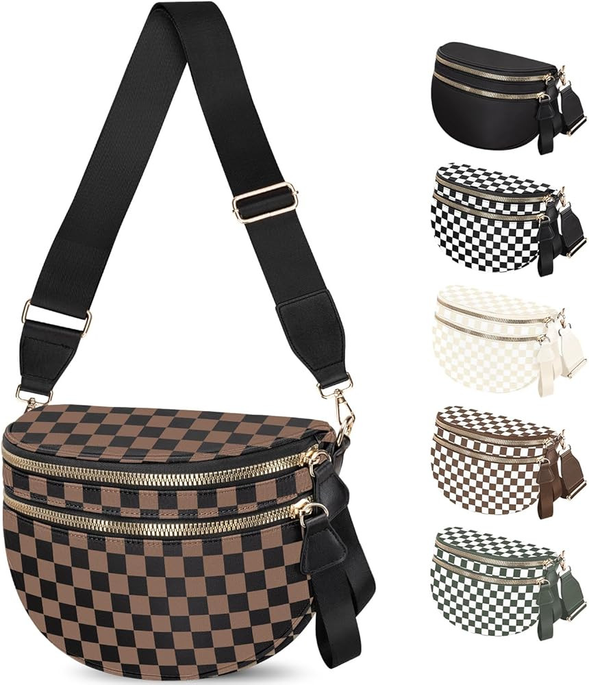 Spacious Nylon Checkered Crossbody Bum Bag for Women, Fashion Checkerboard Fanny Pack Purse with ... | Amazon (US)