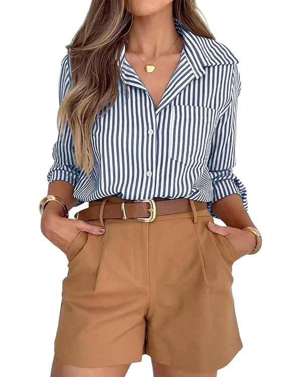 siliteelon Striped Button Down Shirts for Women Dress Shirts Long Sleeve Casual Collared Office W... | Amazon (US)