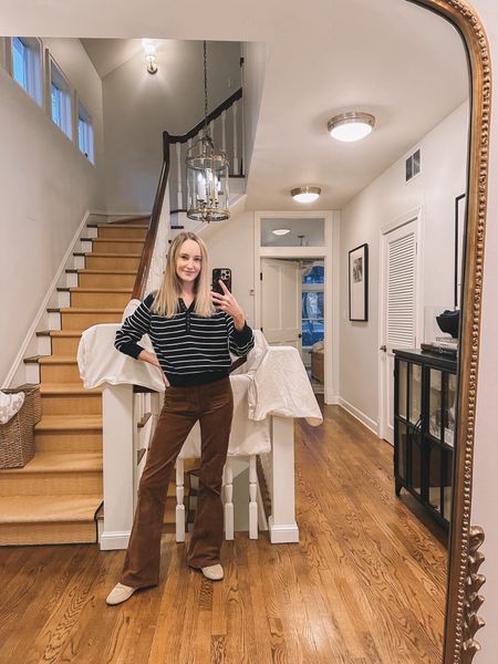 Snow day outfit: corduroys and my favorite sezane sweater, which I own in every color! One of my favorite year-round staples. (Ps the Anthropologie version of my pants are on crazy sale! 🤯 an extra 50% is taken off in cart!!!!!!!!) 

#LTKsalealert