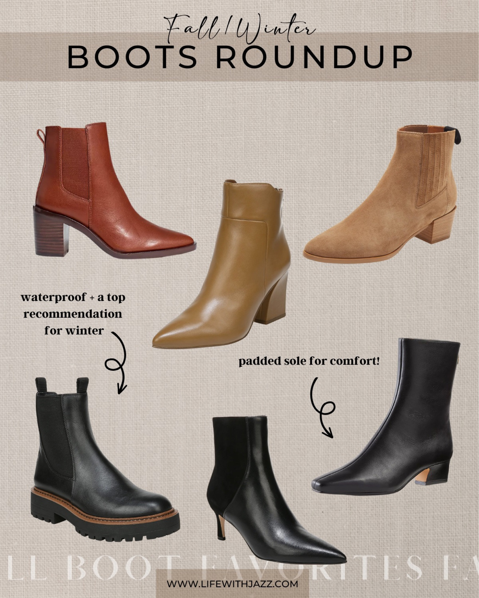 Fall & winter boots roundup! 
Laguna Chelsea boots: perfect for rain/snow and comfortable 
Rover chelsea: 30% off at Nordstrom
Short booties: good for work or casual 
Leather booties: 40% off at Ann Taylor! Perfect for work 
Madewell Chelsea boots: 30% off 
Taupe leather booties at Nordstrom rack  

#LTKHoliday #LTKshoecrush #LTKGiftGuide