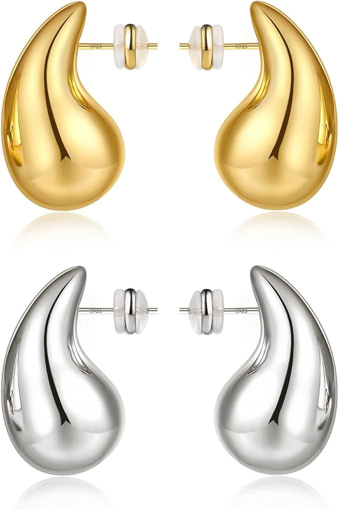 Chunky Gold Hoop Earrings for Women Lightweight Teardrop Dupes Earrings 925 Sterling Silver Post ... | Amazon (US)