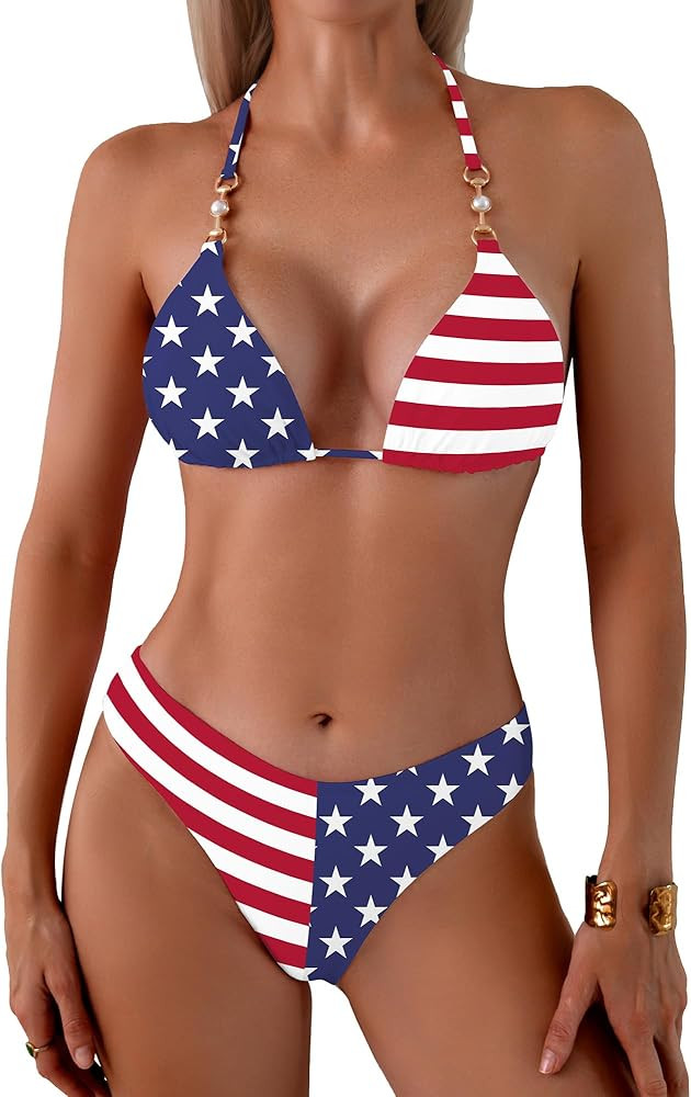 swimall Women's Triangle Bikini Set Cheeky High Cut Sexy Two Piece Swimsuit Cute Halter Bathing S... | Amazon (US)